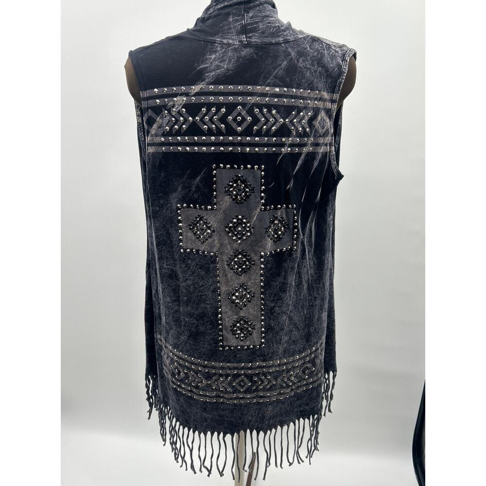 Vocal Studded Cross Fringe Vest Large Boho Western Gothic Moto Biker Made in USA